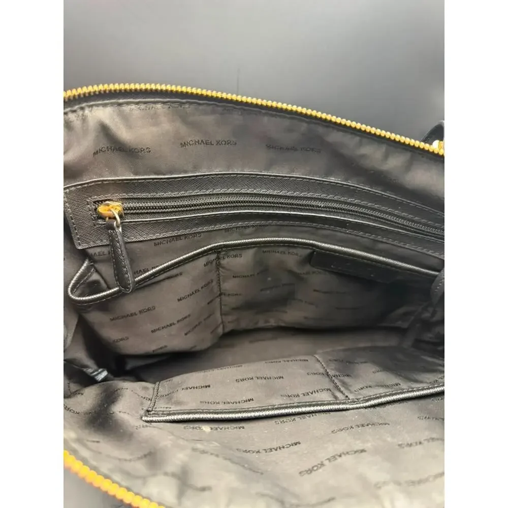 Michael Kors Black Saffiano Leather Tote Shoulder Bag Gold Hardware Zip Top